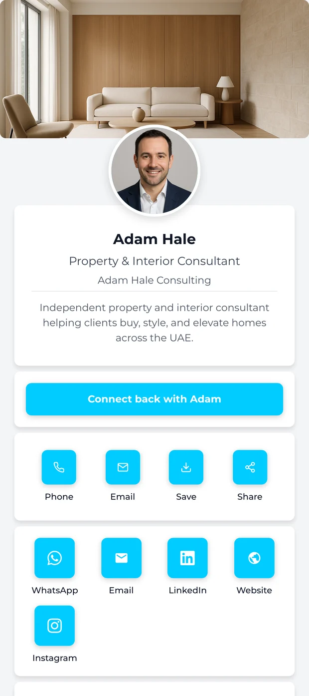 A work profile with a bio, a connect back button, contact links and a gallery